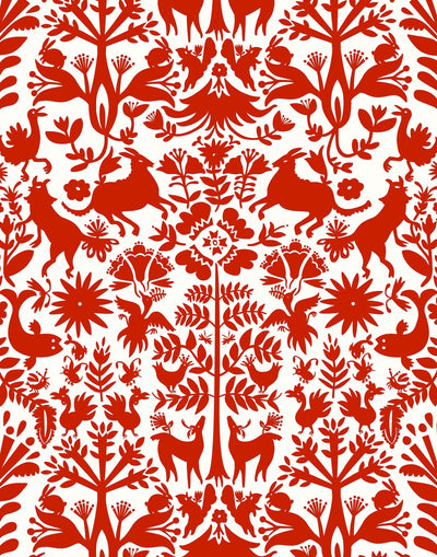 Folklore (Red) features red animals and flowers in a mirroring pattern on a white backgroud designed by Emily Isabella for Hygge & West