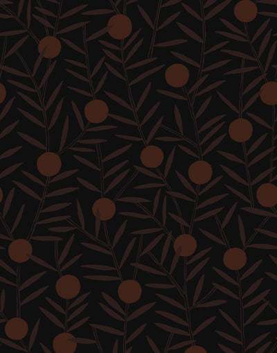 Bloom (Ebony) Wallpaper featuring marigold light brown dots and brown stems on a dark ground in a modern, graphic floral