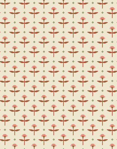 Zinnia (Parchment) Wallpaper mixes a geometric layout with the soft details of the zinnia flower. Pink, red and green illustration on a cream ground.