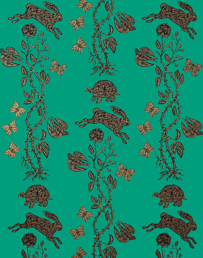Fable (Emerald) Wallpaper featuring gold and black rabbits, turtles, butterflies and flowers on a green background