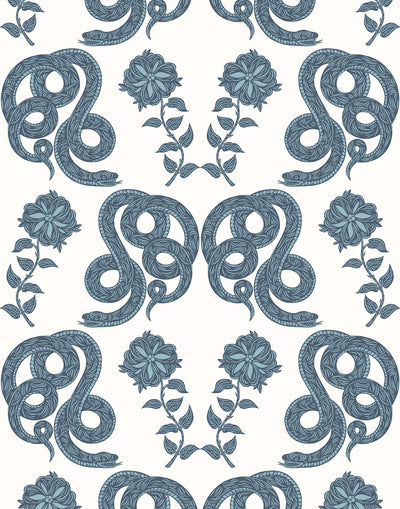 Serpentine (Chinoiserie) Wallpapkes aer featuring blue and navy snakes and flowers on an off white background