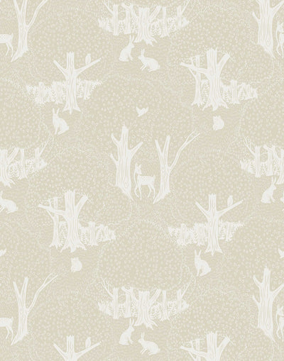 Woodland (Linen) wallpaper's forest setting conjures the wonder of fairy tales. It features towering trees and friendly rabbits, squirrels, and deer printed in white on a cream background.