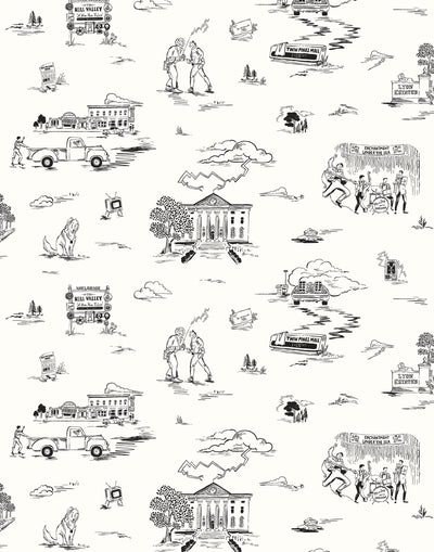 Hill Valley Toile (Black) Wallpaper with black illustrations on a white background depicts scenes from the iconic movie Back to the Future and was created in collaboration with Universal | Hygge & West