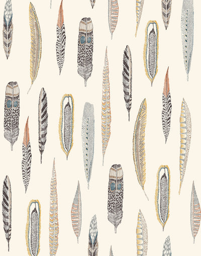 Plumes Natural Wallpaper features delicate feathers in orange, rust, blues and browns on a cream background