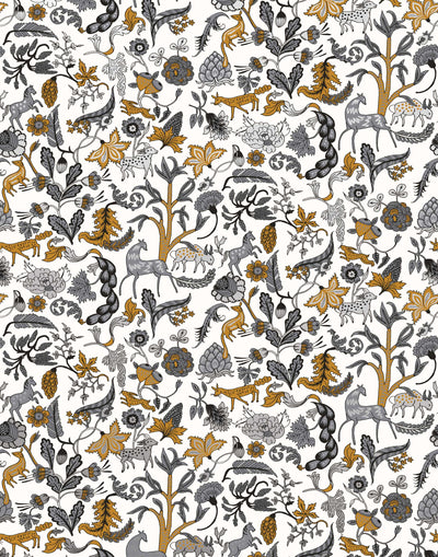 Foret (Charcoal) features magical animals and flowers in silver, tan and gray on white designed by Julia Rothman
