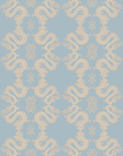 Fortune (Mist) Wallpaper featuring taupe and cream line work on a dusty blue background