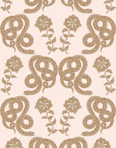 Serpentine (Blush) Wallpaper featuring taupe and cream snakes and flowers on a blush pink background