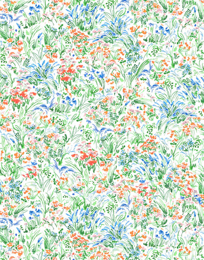 Summer (Vermillion) wallpaper features loose brushstrokes that capture the movement of wild flowers and grasses swaying in the breeze. Coral red, blue and green watercolored flora on a white background | Hygge & West
