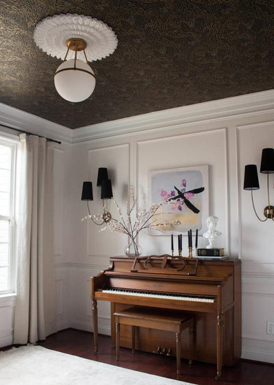 This DIYer Transformed Her Living Room With a Wallpapered Ceiling