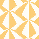 Parasol wallpaper is designed with overlapping shapes of multicolored beach umbrellas. Highly durable, fade resistant, and made in the USA. This wallpaper has a yellow print on white background and is designed in collaboration with The Aesthetics of Joy.