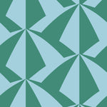 Parasol wallpaper is designed with overlapping shapes of multicolored beach umbrellas. Highly durable, fade resistant, and made in the USA. This wallpaper has a green print on a light blue background and is designed in collaboration with The Aesthetics of Joy.