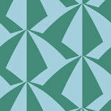 Parasol wallpaper is designed with overlapping shapes of multicolored beach umbrellas. Highly durable, fade resistant, and made in the USA. This wallpaper has a green print on a light blue background and is designed in collaboration with The Aesthetics of Joy.