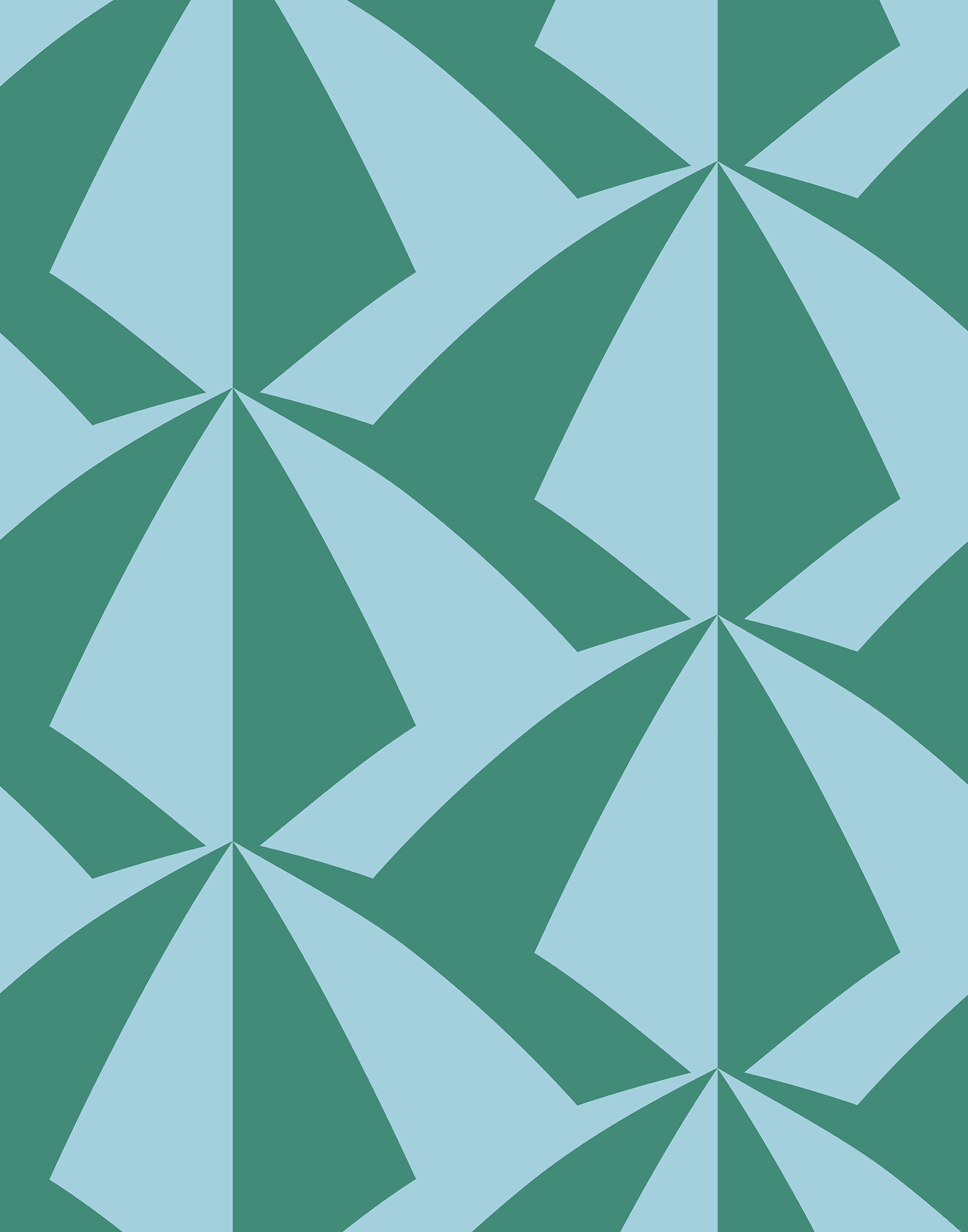 Parasol wallpaper is designed with overlapping shapes of multicolored beach umbrellas. Highly durable, fade resistant, and made in the USA. This wallpaper has a green print on a light blue background and is designed in collaboration with The Aesthetics of Joy.