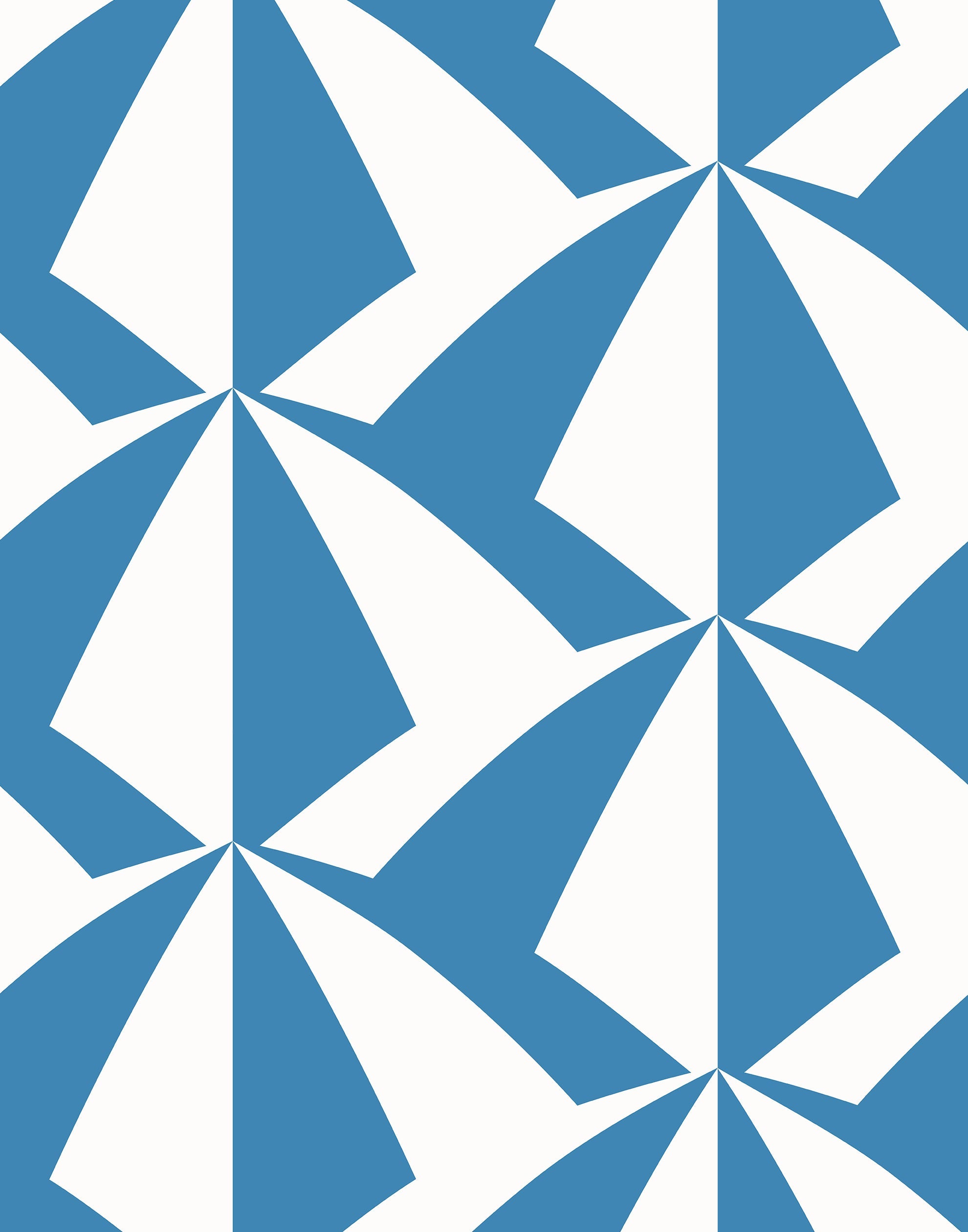 Parasol wallpaper is designed with overlapping shapes of multicolored beach umbrellas. Highly durable, fade resistant, and made in the USA. This wallpaper has a blue print on a white background and is designed in collaboration with The Aesthetics of Joy.