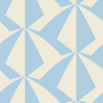 Parasol wallpaper is designed with overlapping shapes of multicolored beach umbrellas. Highly durable, fade resistant, and made in the USA. This wallpaper has a blue print on a cream background and is designed in collaboration with The Aesthetics of Joy.