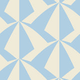 Parasol wallpaper is designed with overlapping shapes of multicolored beach umbrellas. Highly durable, fade resistant, and made in the USA. This wallpaper has a blue print on a cream background and is designed in collaboration with The Aesthetics of Joy.