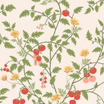 Our Heirloom wallpaper celebrates the annual arrival of tomato season. Highly durable, fade resistant, and made in the USA. This wallpaper features red and pink tomatoes, yellow flowers and green vines on a pink background and was created in collaboration with The Aesthetics of Joy.