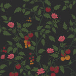Our Heirloom wallpaper celebrates the annual arrival of tomato season. Highly durable, fade resistant, and made in the USA. This wallpaper features red and orange tomatoes, pink flowers and green vines on a black background and was created in collaboration with The Aesthetics of Joy.