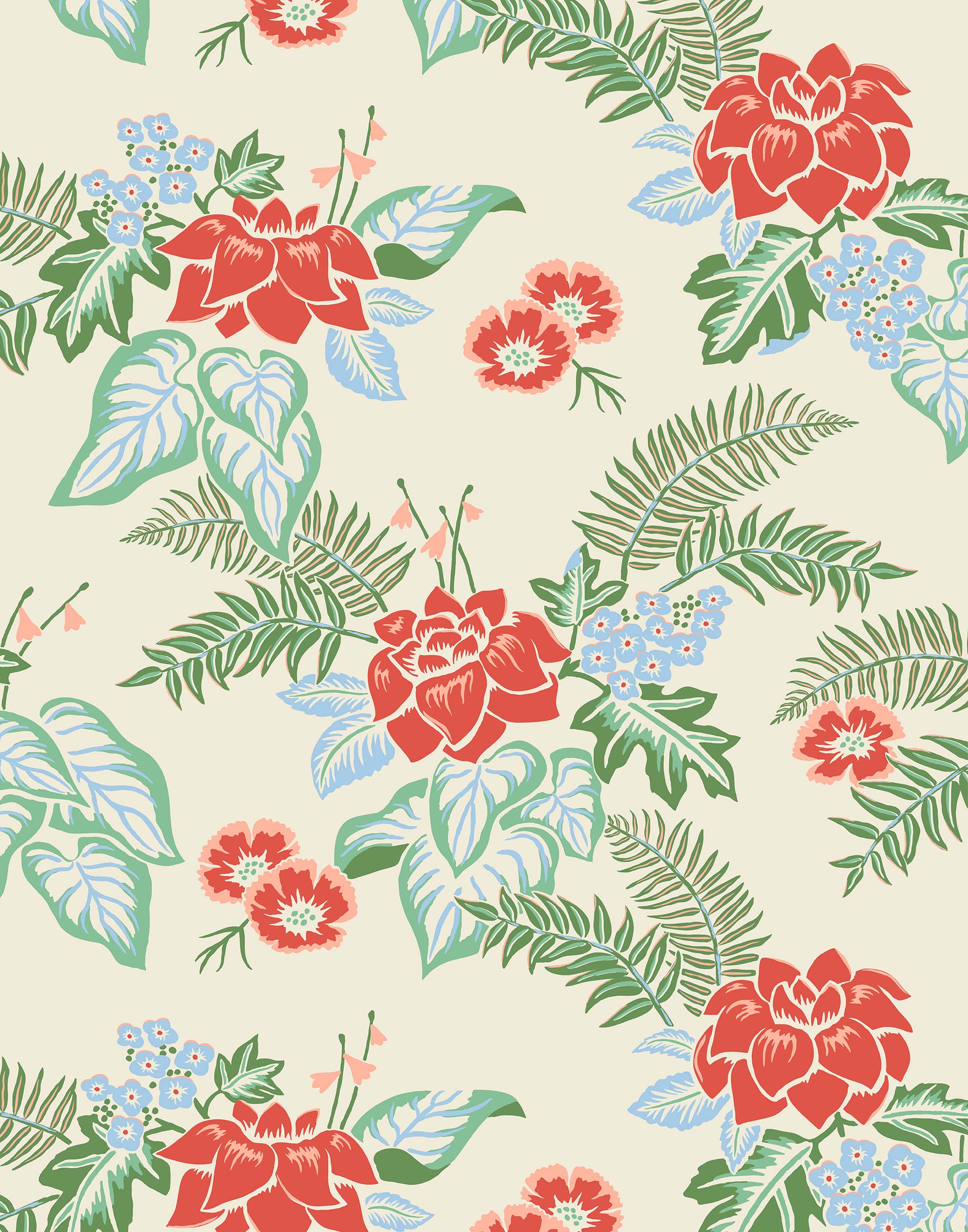 Our Lanai wallpaper is inspired by the rich tradition and exuberant patterns of Hawaiian shirts, with a twist. Highly durable, fade resistant, and made in the USA. This wallpaper features red flowers with green and blue leaves on a cream background and was created in collaboration with The Aesthetics of Joy.