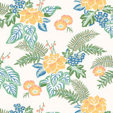 Our Lanai wallpaper is inspired by the rich tradition and exuberant patterns of Hawaiian shirts, with a twist. Highly durable, fade resistant, and made in the USA. This wallpaper features yellow flowers with green and blue leaves on a white background and was created in collaboration with The Aesthetics of Joy.