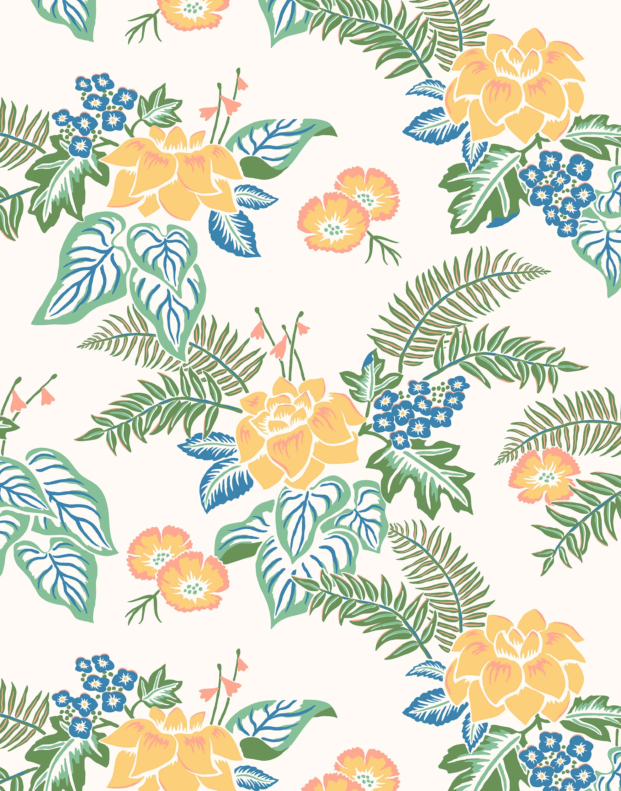 Our Lanai wallpaper is inspired by the rich tradition and exuberant patterns of Hawaiian shirts, with a twist. Highly durable, fade resistant, and made in the USA. This wallpaper features yellow flowers with green and blue leaves on a white background and was created in collaboration with The Aesthetics of Joy.