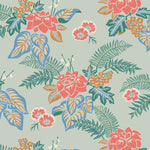 Our Lanai wallpaper is inspired by the rich tradition and exuberant patterns of Hawaiian shirts, with a twist. Highly durable, fade resistant, and made in the USA. This wallpaper features pink flowers with green and blue leaves on a mint green background and was created in collaboration with The Aesthetics of Joy.
