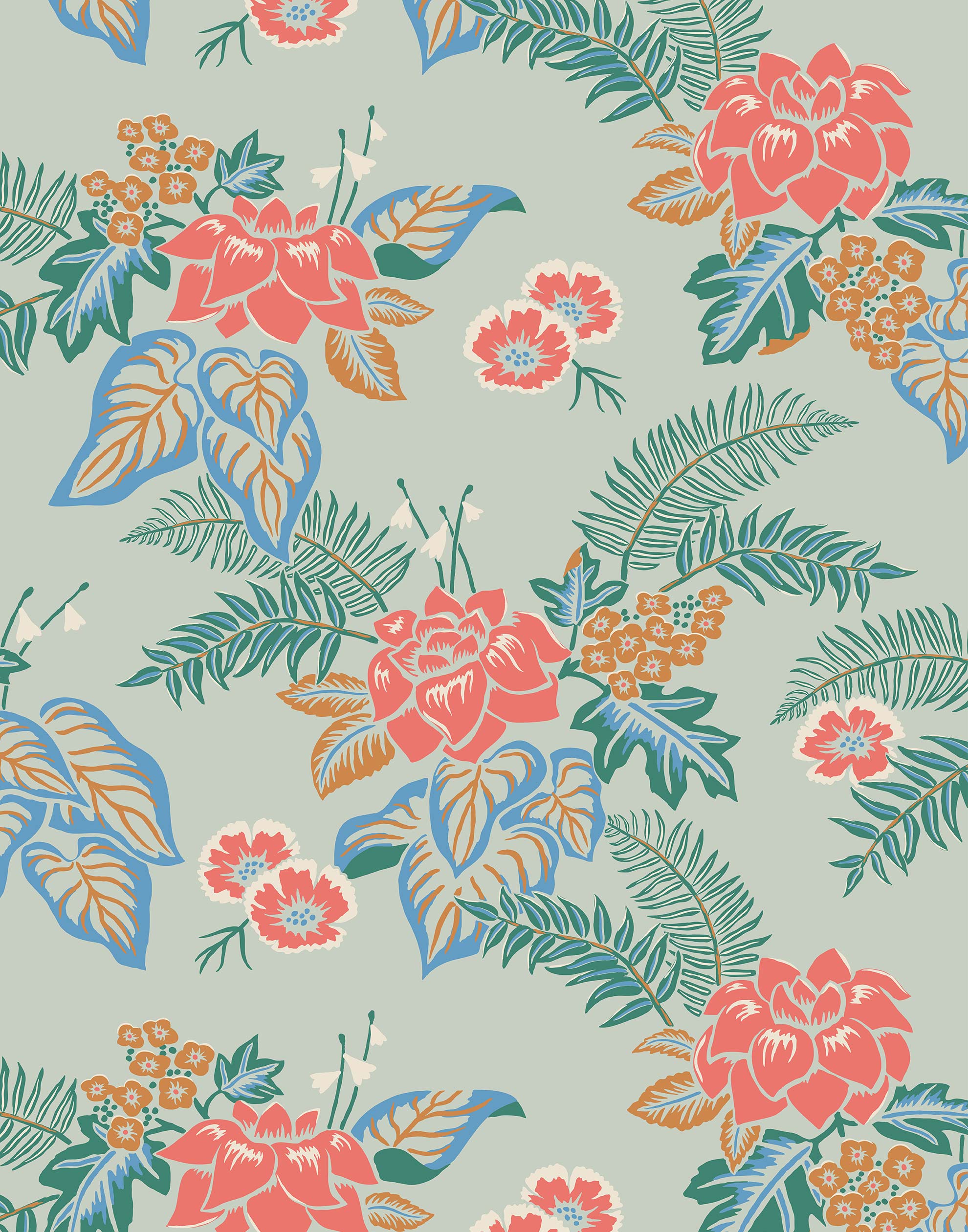 Our Lanai wallpaper is inspired by the rich tradition and exuberant patterns of Hawaiian shirts, with a twist. Highly durable, fade resistant, and made in the USA. This wallpaper features pink flowers with green and blue leaves on a mint green background and was created in collaboration with The Aesthetics of Joy.