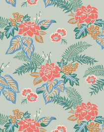 Our Lanai wallpaper is inspired by the rich tradition and exuberant patterns of Hawaiian shirts, with a twist. Highly durable, fade resistant, and made in the USA. This wallpaper features pink flowers with green and blue leaves on a mint green background and was created in collaboration with The Aesthetics of Joy.