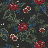 Our Lanai wallpaper is inspired by the rich tradition and exuberant patterns of Hawaiian shirts, with a twist. Highly durable, fade resistant, and made in the USA. This wallpaper features red flowers with green and blue leaves on a black background and was created in collaboration with The Aesthetics of Joy.