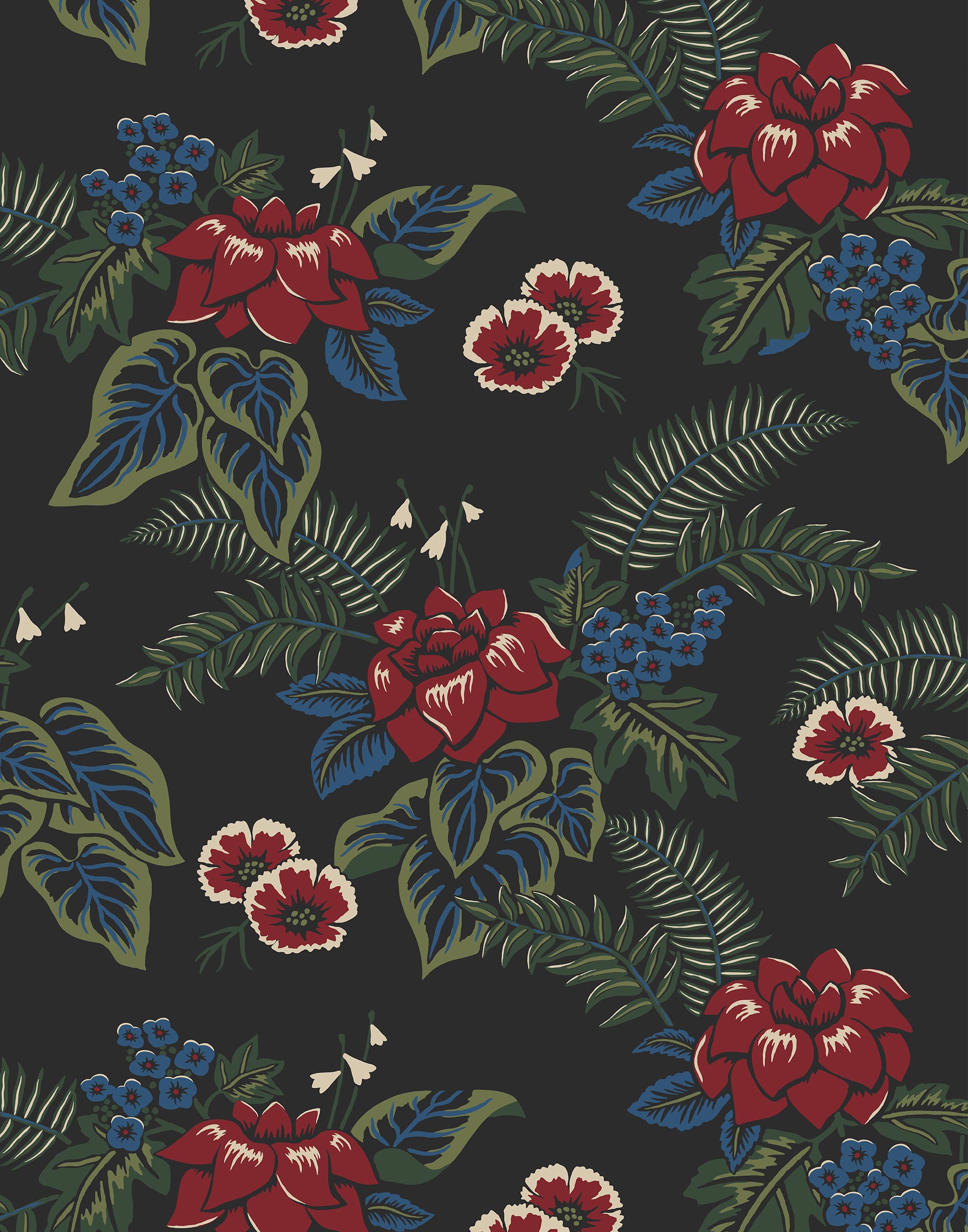 Our Lanai wallpaper is inspired by the rich tradition and exuberant patterns of Hawaiian shirts, with a twist. Highly durable, fade resistant, and made in the USA. This wallpaper features red flowers with green and blue leaves on a black background and was created in collaboration with The Aesthetics of Joy.