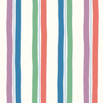 Our Picnic wallpaper was inspired by the wavy stripes of a picnic blanket. Highly durable, fade resistant, and made in the USA. This wallpaper has green, blue, red and purple stripes on a white background and was made in collaboration with The Aesthetics of Joy.