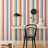 Our Picnic wallpaper was inspired by the wavy stripes of a picnic blanket. Highly durable, fade resistant, and made in the USA. This wallpaper has  blue, red , mustard yellow, and pink stripes on a blush background and was made in collaboration with The Aesthetics of Joy.