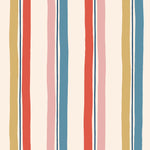 Our Picnic wallpaper was inspired by the wavy stripes of a picnic blanket. Highly durable, fade resistant, and made in the USA. This wallpaper has  blue, red , mustard yellow, and pink stripes on a blush background and was made in collaboration with The Aesthetics of Joy.