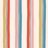 Our Picnic wallpaper was inspired by the wavy stripes of a picnic blanket. Highly durable, fade resistant, and made in the USA. This wallpaper has  blue, red , mustard yellow, and pink stripes on a blush background and was made in collaboration with The Aesthetics of Joy.