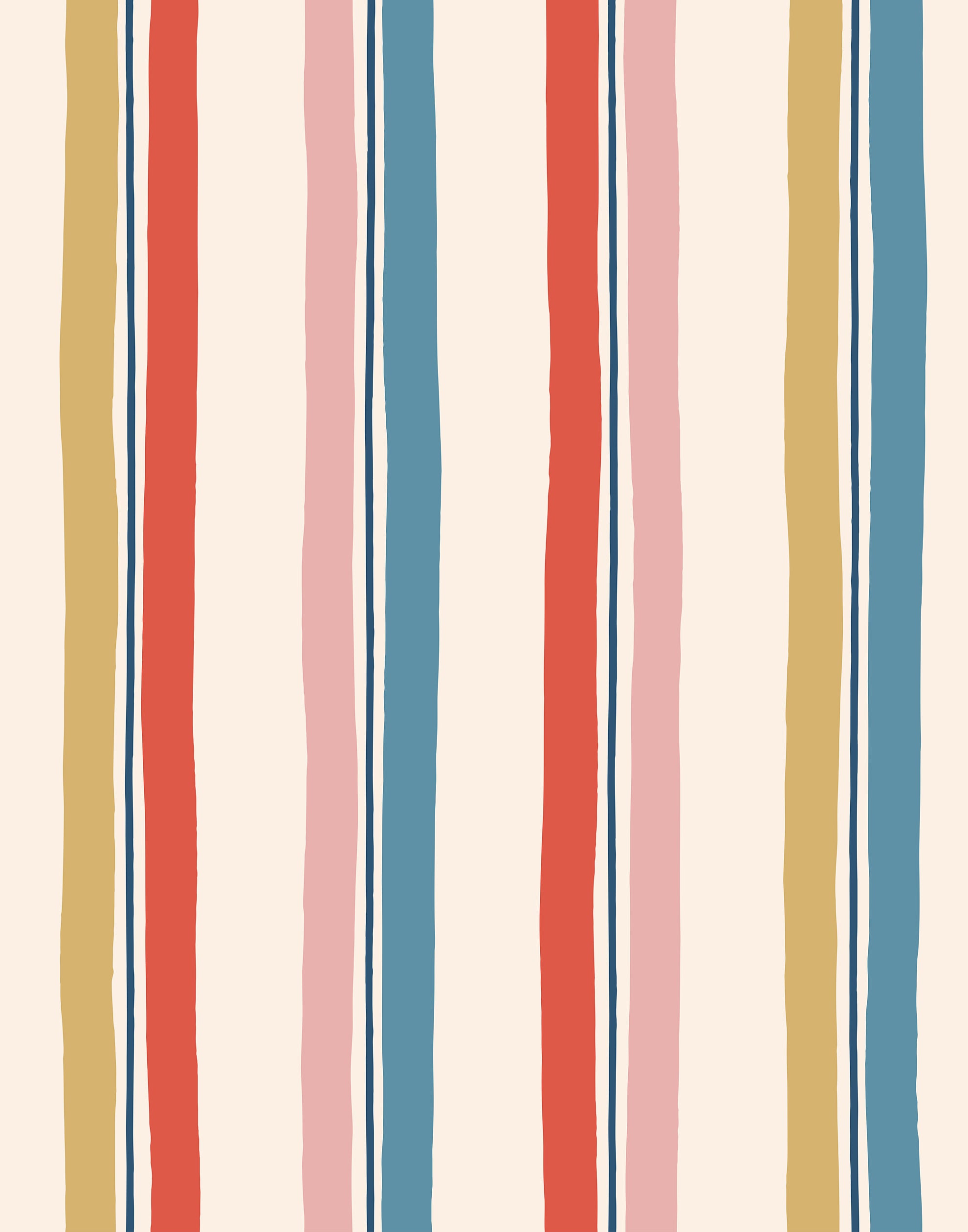 Our Picnic wallpaper was inspired by the wavy stripes of a picnic blanket. Highly durable, fade resistant, and made in the USA. This wallpaper has  blue, red , mustard yellow, and pink stripes on a blush background and was made in collaboration with The Aesthetics of Joy.
