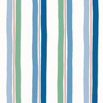 Our Picnic wallpaper was inspired by the wavy stripes of a picnic blanket. Highly durable, fade resistant, and made in the USA. This wallpaper has blue and green stripes on a white background and was made in collaboration with The Aesthetics of Joy.