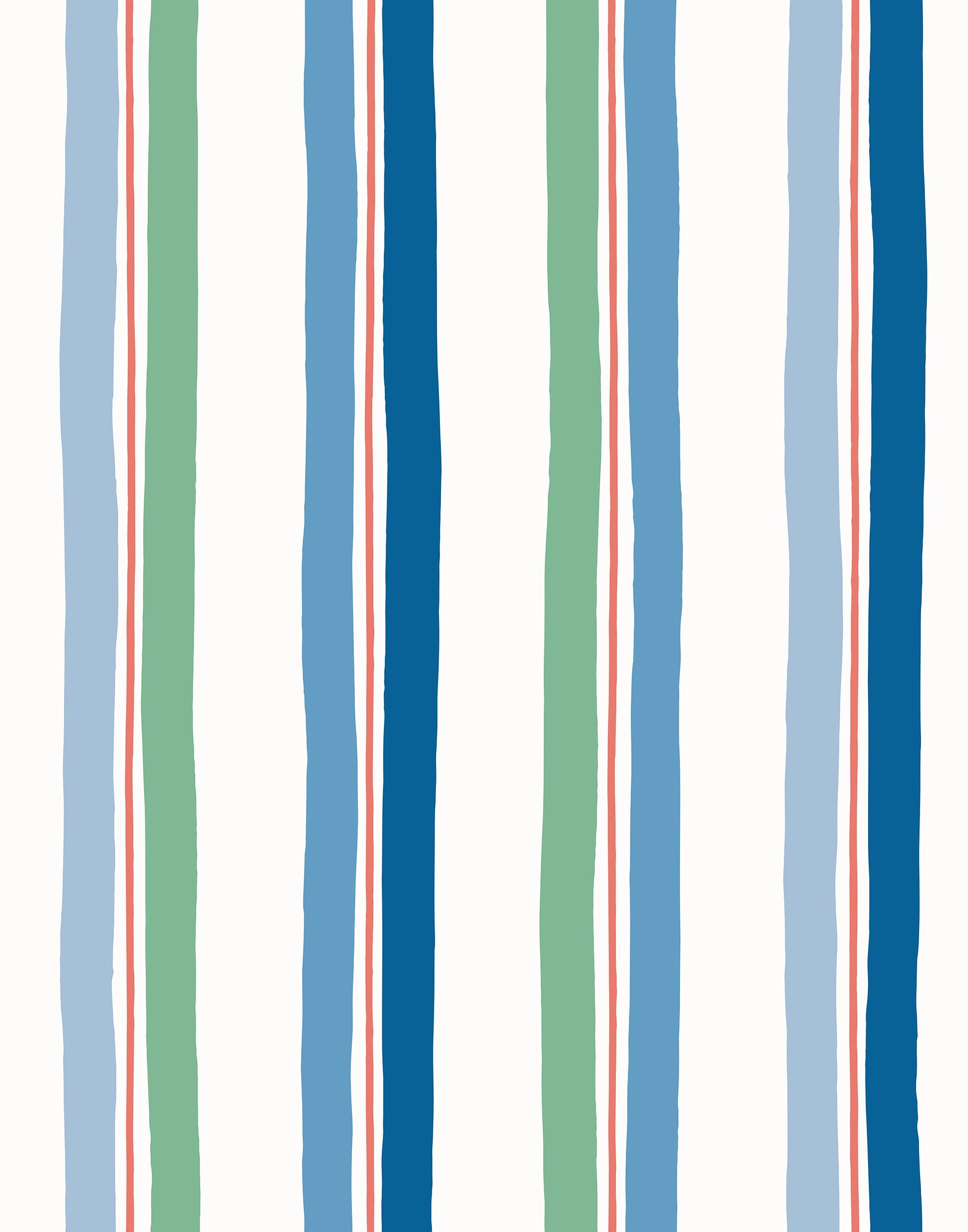 Our Picnic wallpaper was inspired by the wavy stripes of a picnic blanket. Highly durable, fade resistant, and made in the USA. This wallpaper has blue and green stripes on a white background and was made in collaboration with The Aesthetics of Joy.