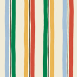 Our Picnic wallpaper was inspired by the wavy stripes of a picnic blanket. Highly durable, fade resistant, and made in the USA. This wallpaper has green, blue, red and yellow stripes on a cream background and was made in collaboration with The Aesthetics of Joy.