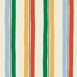Our Picnic wallpaper was inspired by the wavy stripes of a picnic blanket. Highly durable, fade resistant, and made in the USA. This wallpaper has green, blue, red and yellow stripes on a cream background and was made in collaboration with The Aesthetics of Joy.