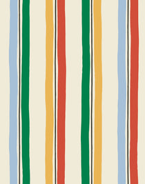Our Picnic wallpaper was inspired by the wavy stripes of a picnic blanket. Highly durable, fade resistant, and made in the USA. This wallpaper has green, blue, red and yellow stripes on a cream background and was made in collaboration with The Aesthetics of Joy.