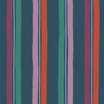Our Picnic wallpaper was inspired by the wavy stripes of a picnic blanket. Highly durable, fade resistant, and made in the USA. This wallpaper has red, purple, lilac and green stripes on a navy blue background and was made in collaboration with The Aesthetics of Joy.