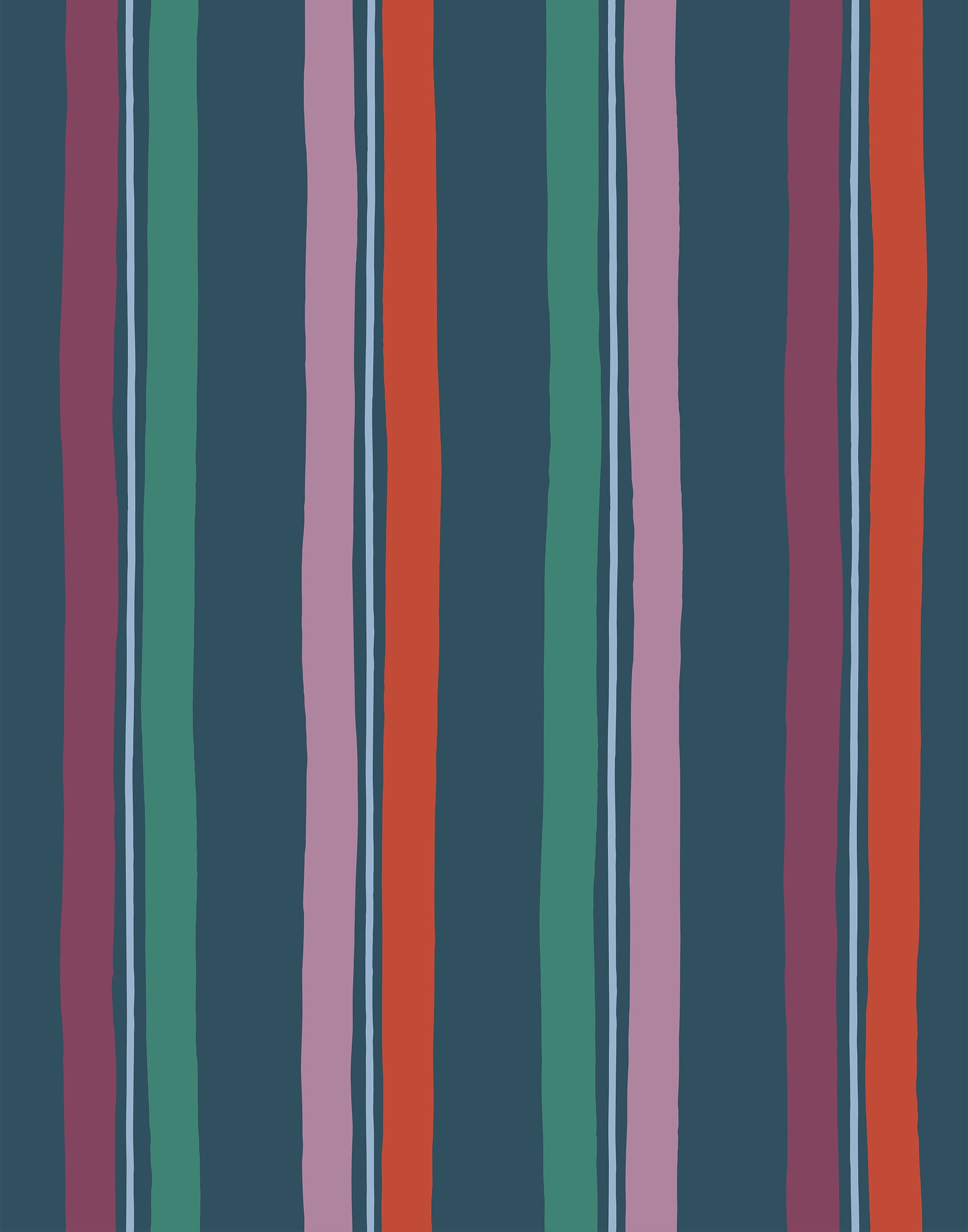 Our Picnic wallpaper was inspired by the wavy stripes of a picnic blanket. Highly durable, fade resistant, and made in the USA. This wallpaper has red, purple, lilac and green stripes on a navy blue background and was made in collaboration with The Aesthetics of Joy.