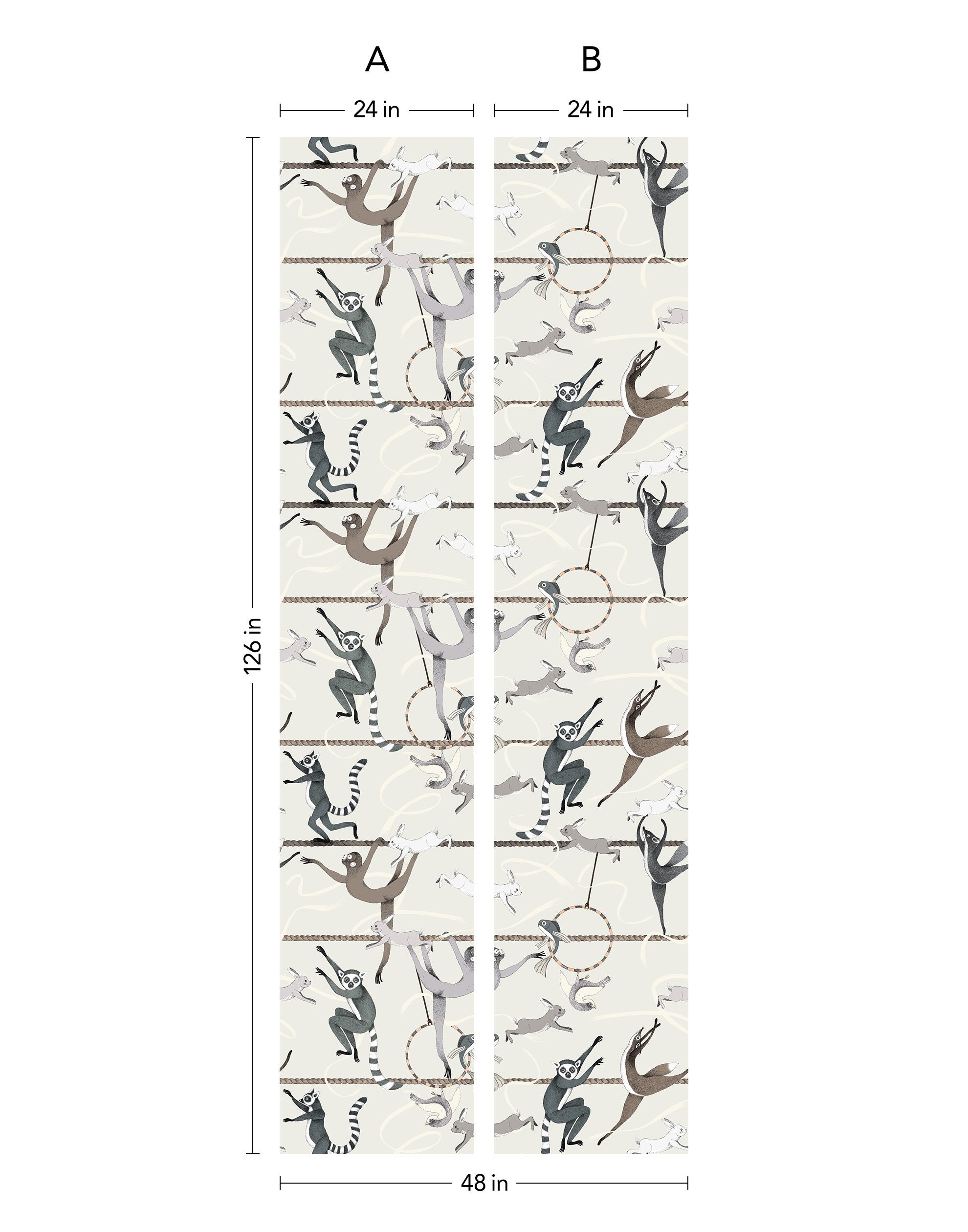 Balancing Act (Cream) wallpaper features colorful dancing monkeys and rabbits on a cream background