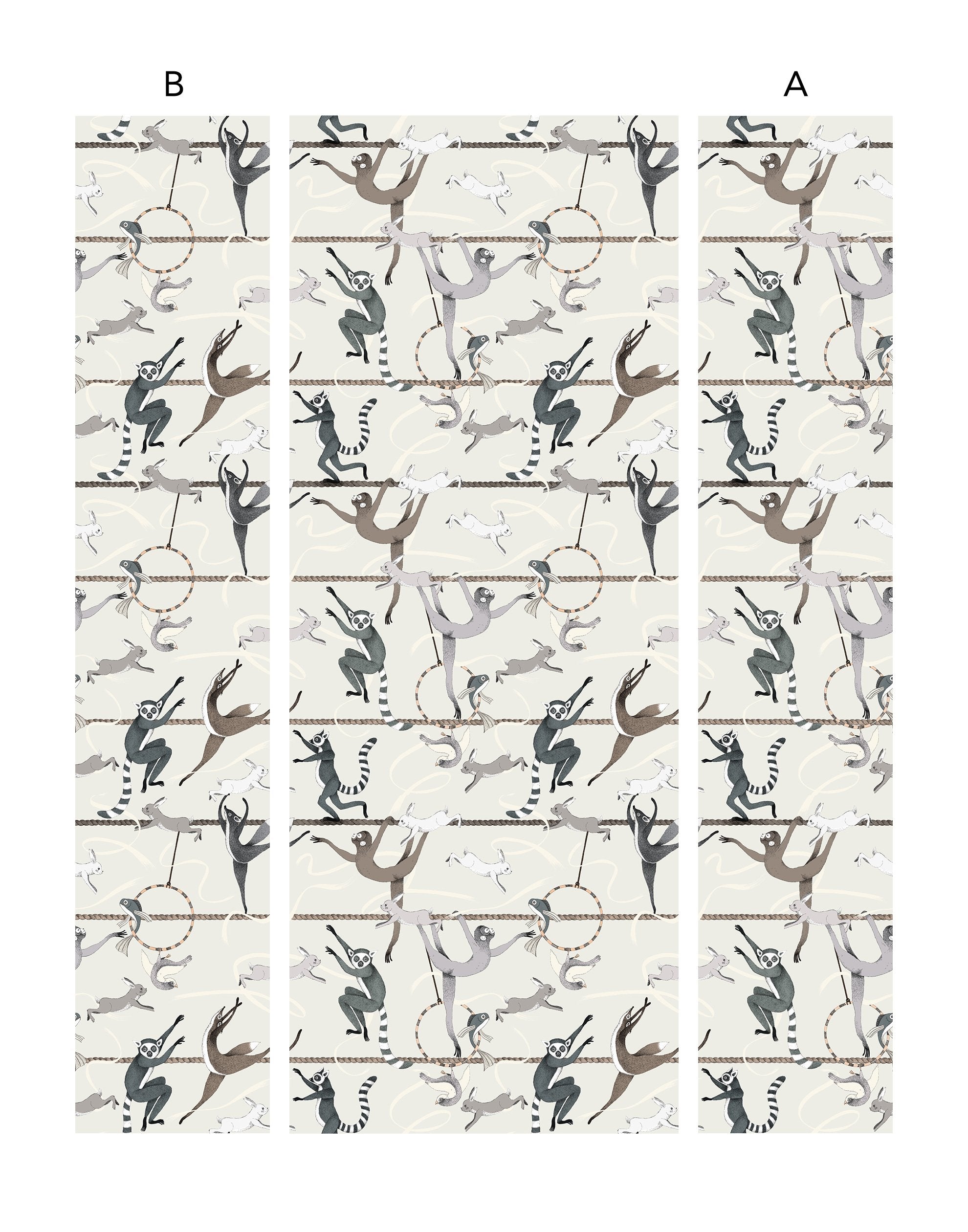 Balancing Act (Cream) wallpaper features colorful dancing monkeys and rabbits on a cream background