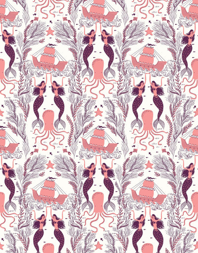 Mermaids (Plum) wallpaper | Mermaids, fish, octopi and ships float in this charming design | Coral Pink and Plum Purple artwork on an off white ground