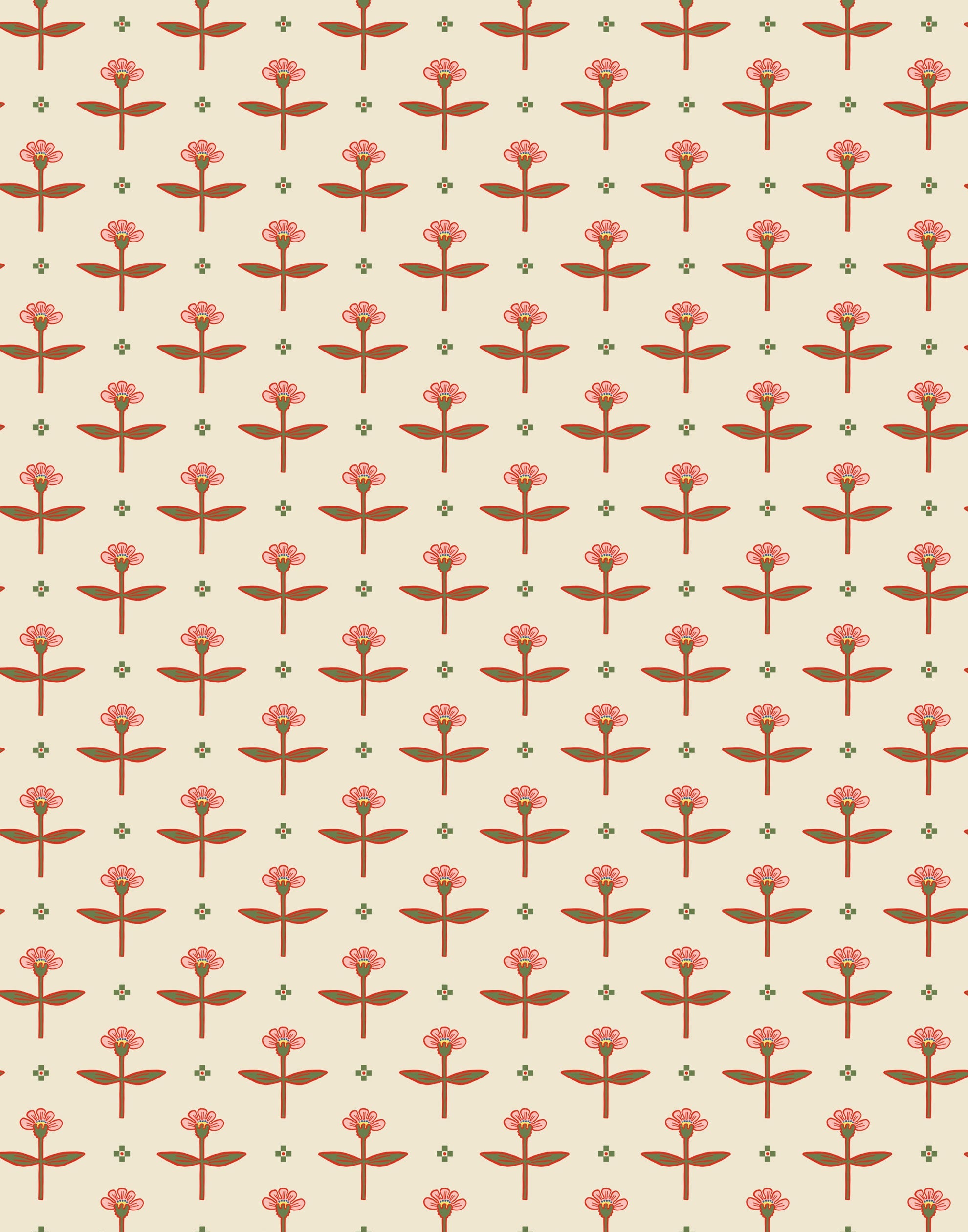 Zinnia (Parchment) Wallpaper mixes a geometric layout with the soft details of the zinnia flower. Pink, red and green illustration on a cream ground.