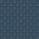 Zinnia (Indigo) Wallpaper mixes a geometric layout with the soft details of the zinnia flower. Black, gray and blue illustration on a navy blue ground.