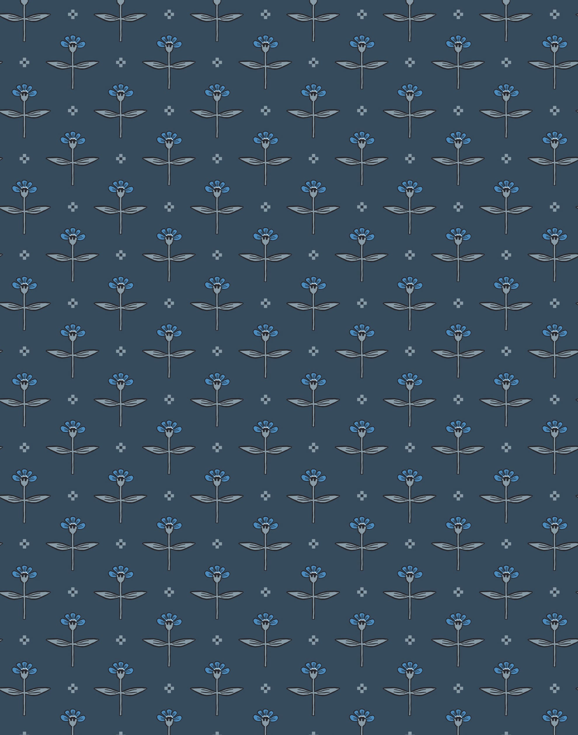 Zinnia (Indigo) Wallpaper mixes a geometric layout with the soft details of the zinnia flower. Black, gray and blue illustration on a navy blue ground.