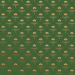 Zinnia (Juniper) Wallpaper mixes a geometric layout with the soft details of the zinnia flower. Yellow, gold, and red illustration on a green ground.
