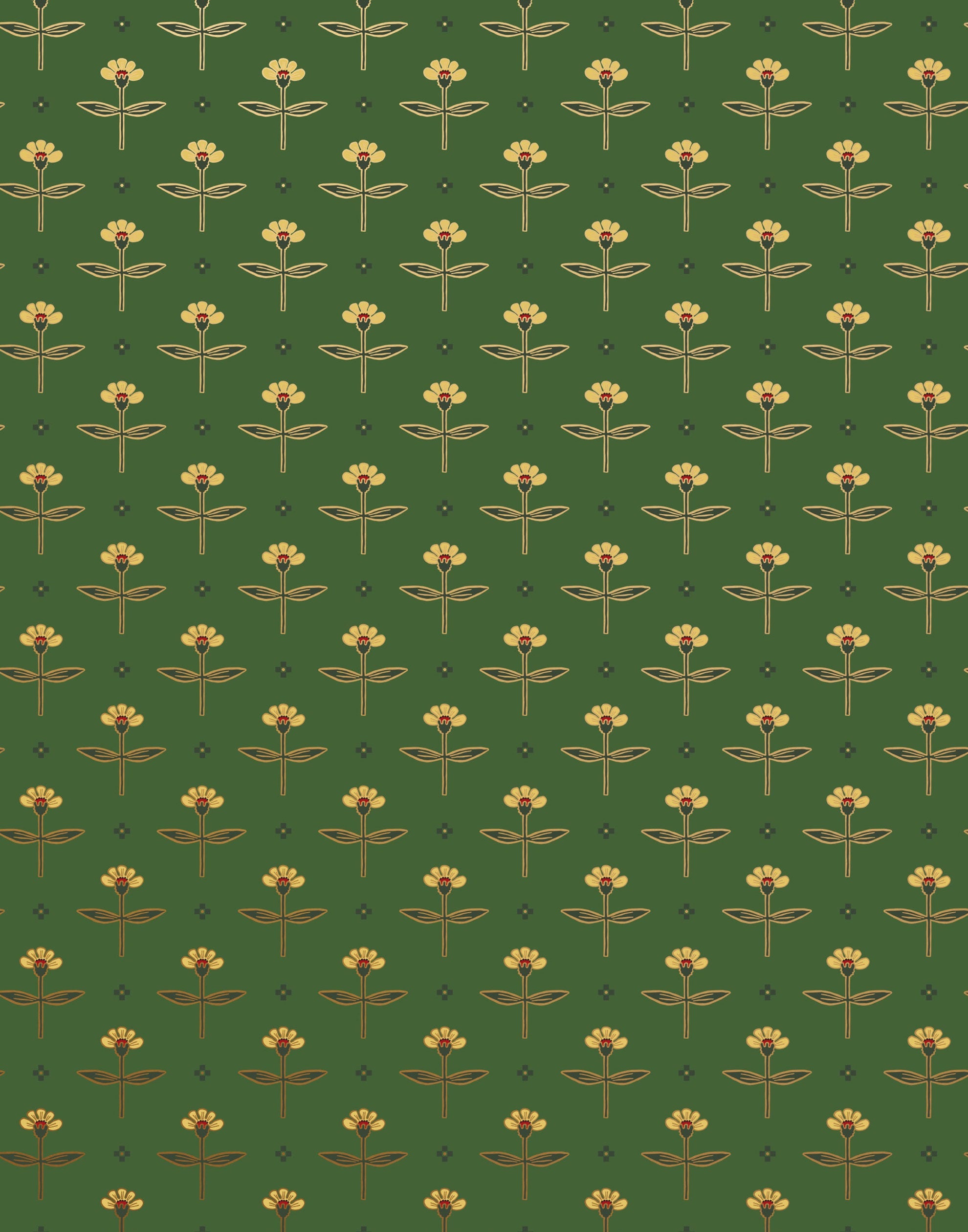 Zinnia (Juniper) Wallpaper mixes a geometric layout with the soft details of the zinnia flower. Yellow, gold, and red illustration on a green ground.